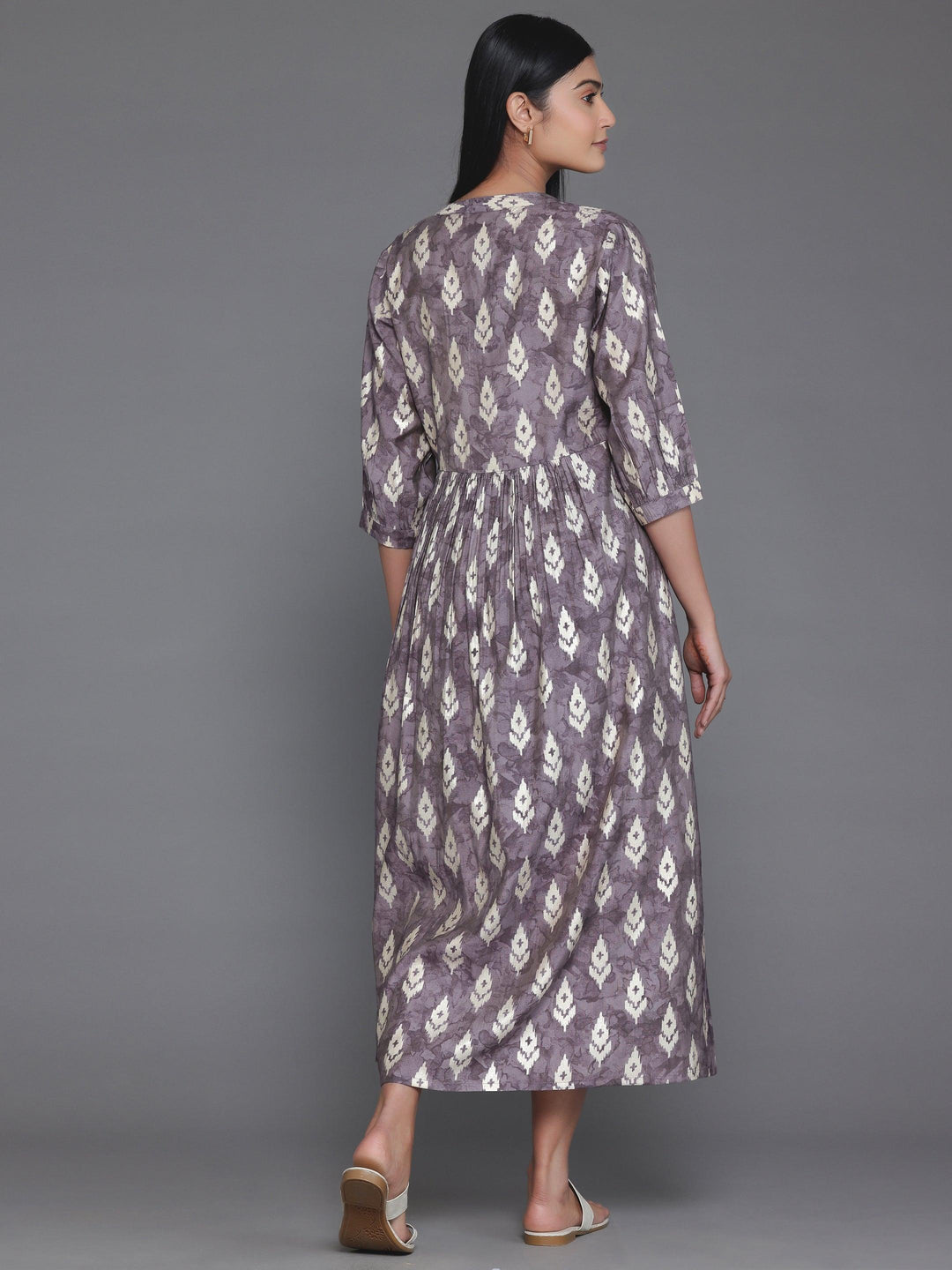 Mauve Printed Silk Fit and Flare Dress - Libas 