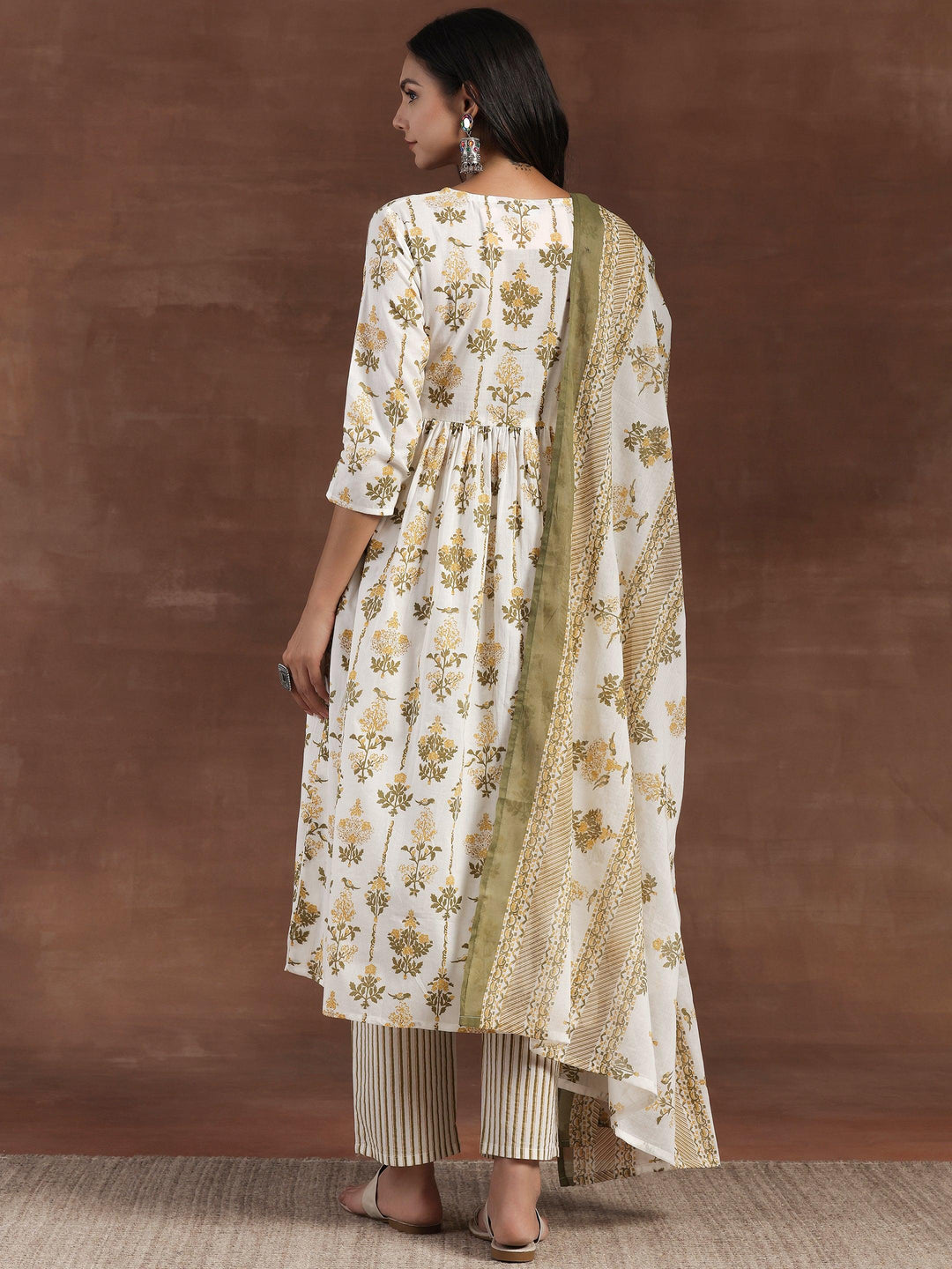 Off White Printed Cotton Anarkali Suit With Dupatta - Libas 