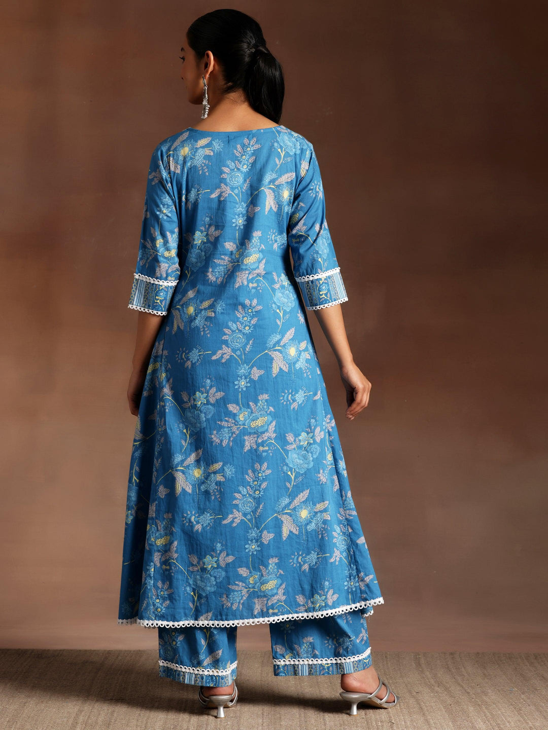 Blue Printed Cotton A-Line Kurta With Palazzos - Libas 