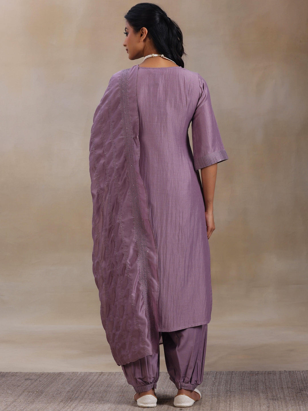 Mauve Self Design Silk Blend Straight Suit With Dupatta - Libas