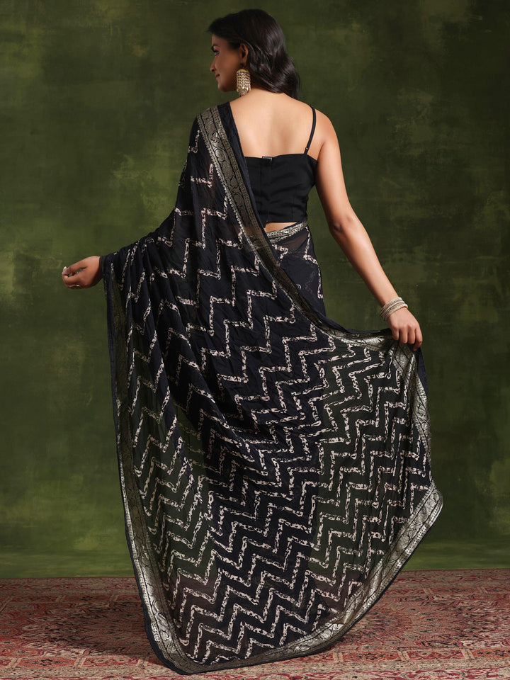 Black Printed Poly Georgette Saree With Unstitched Blouse Piece - Libas