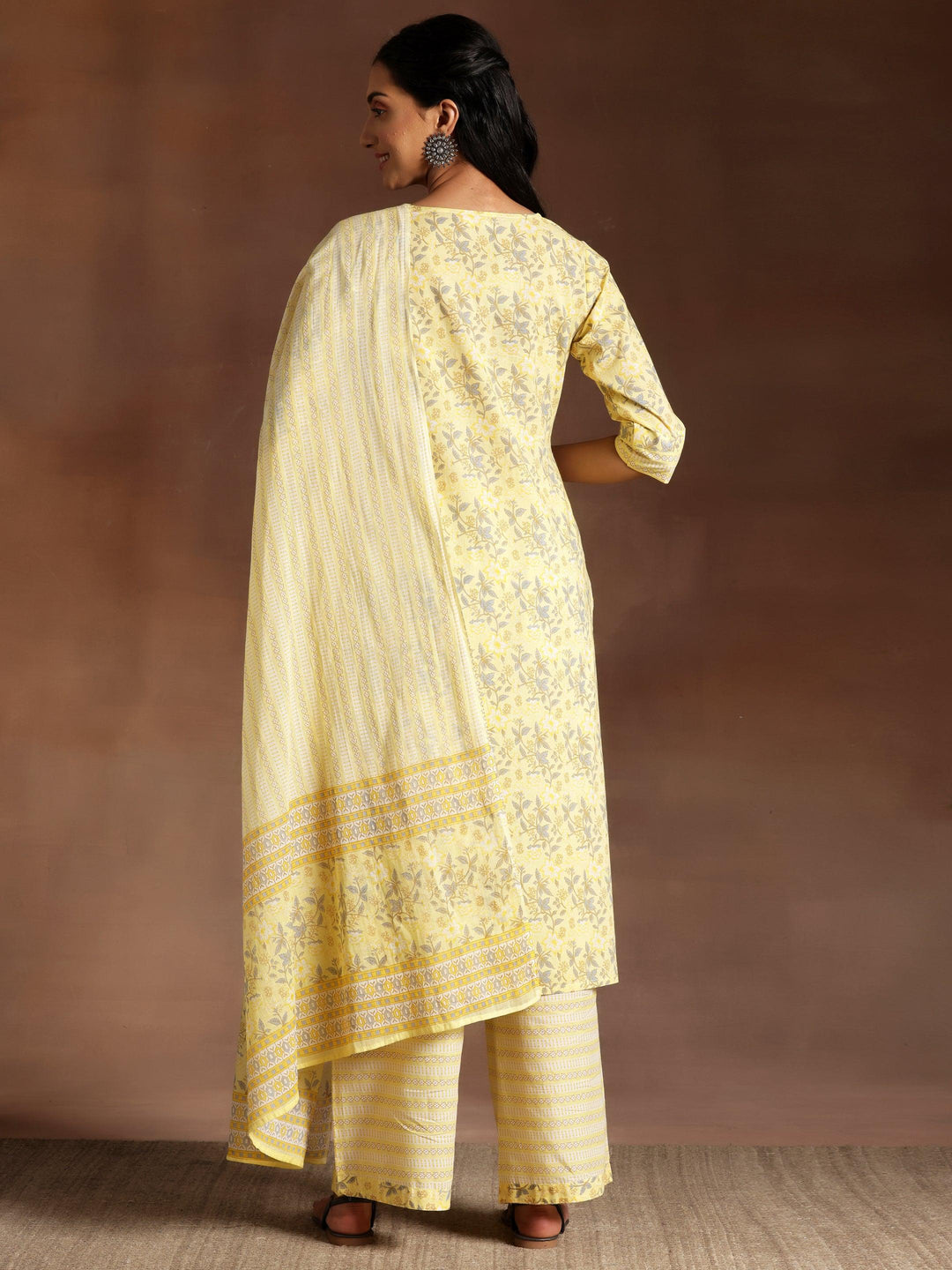 Yellow Printed Cotton Straight Suit With Dupatta - Libas 