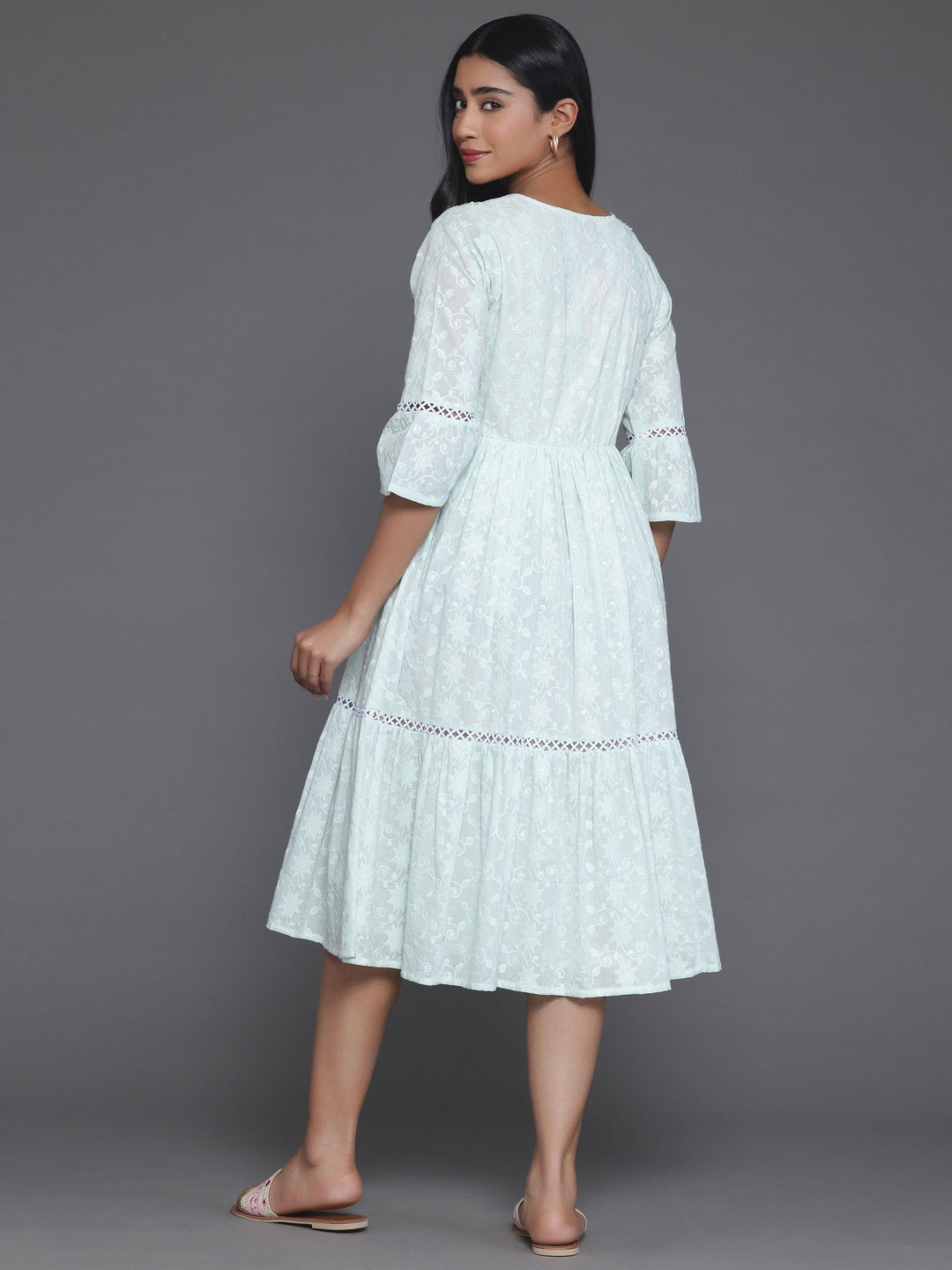 Sea Green Embroidered Cotton Fit and Flare Dress - Libas