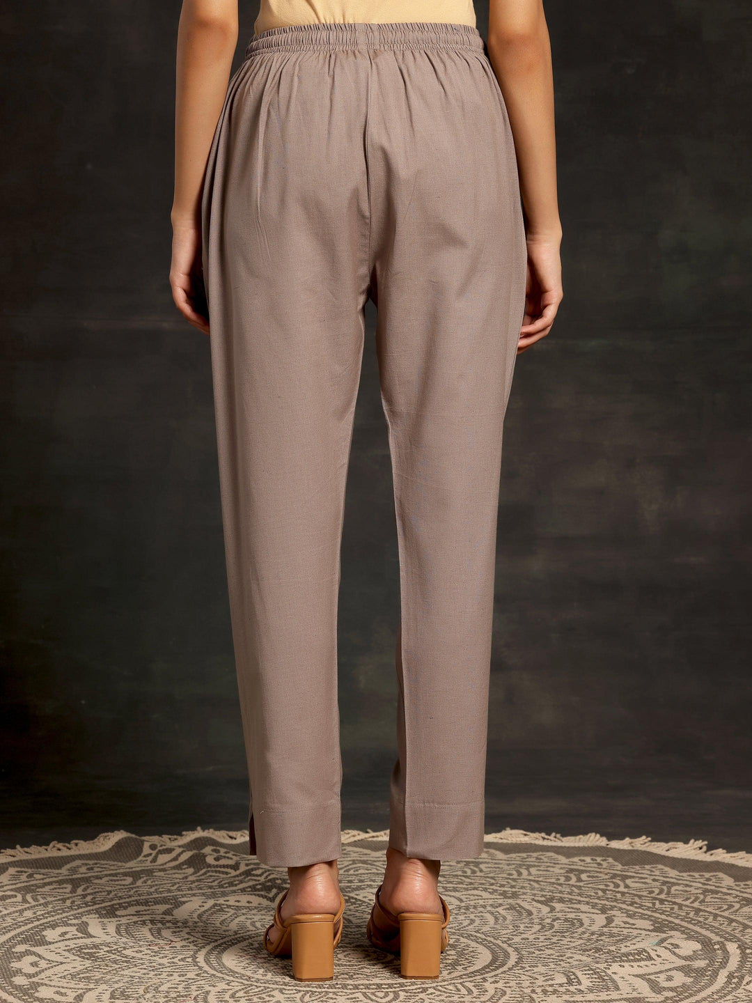 Grey Solid Cotton Straight Fit Trousers - Libas 