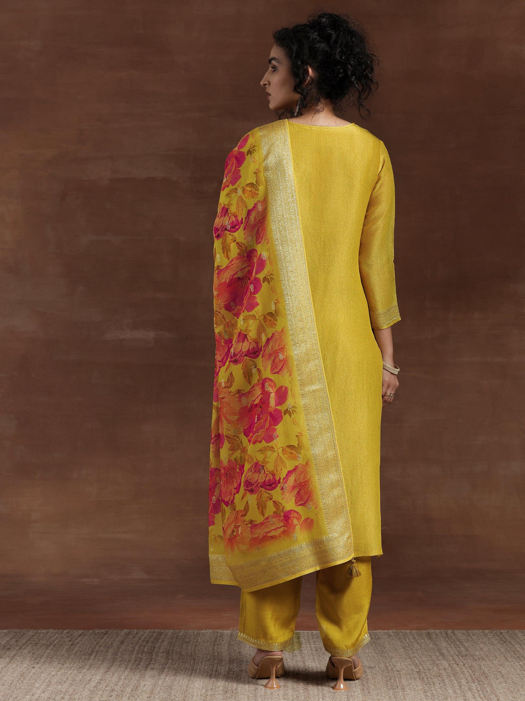 Mustard Woven Design Chanderi Silk Straight Suit With Dupatta - Libas