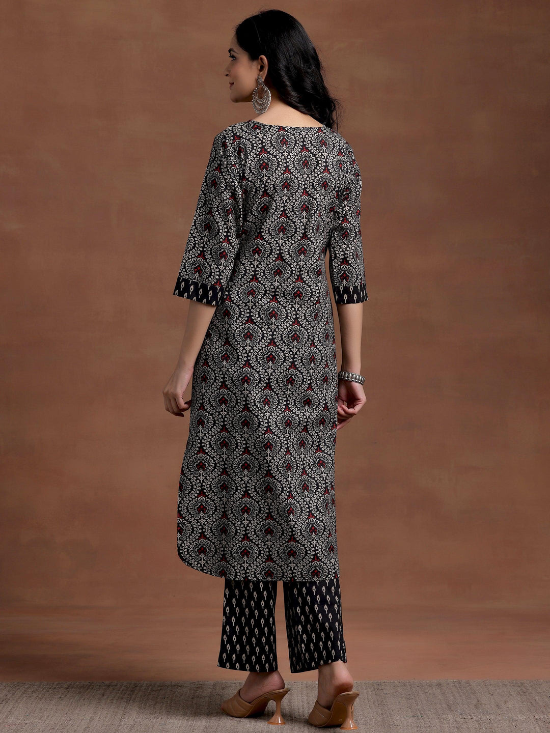 Black Printed Cotton Straight Kurta Set - Libas 