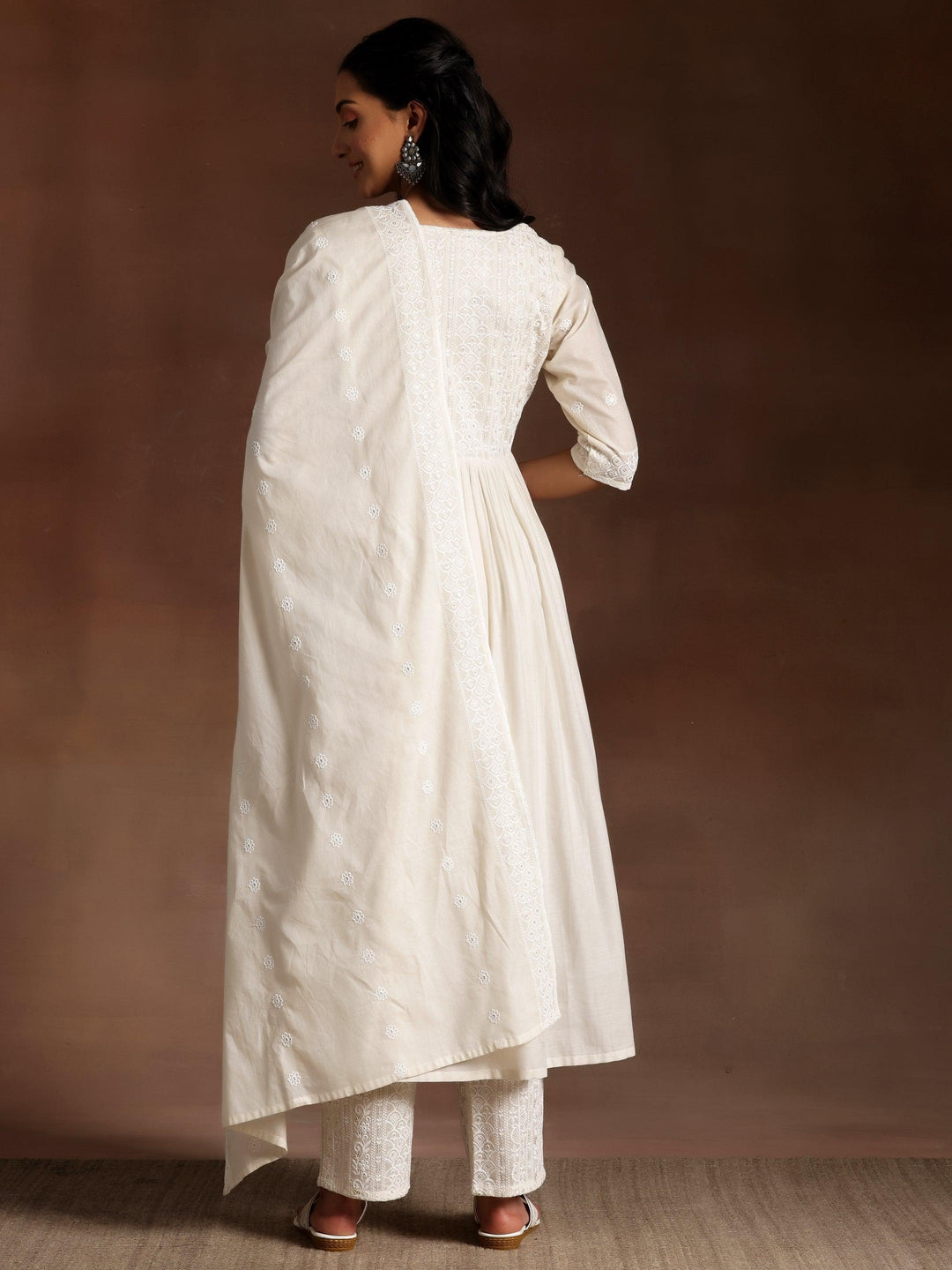 Alizeh Off white Embroidered Cotton A-Line Kurta With Palazzos & Dupatta - Libas 