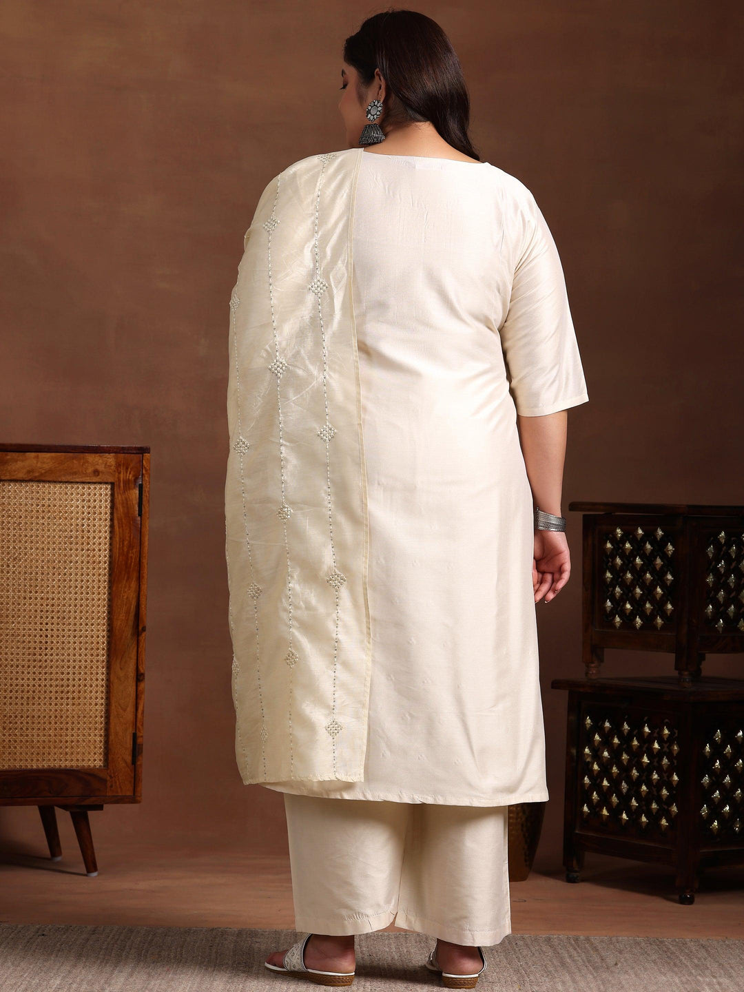 Plus Size Off White Embroidered Silk Blend Straight Suit With Dupatta - Libas