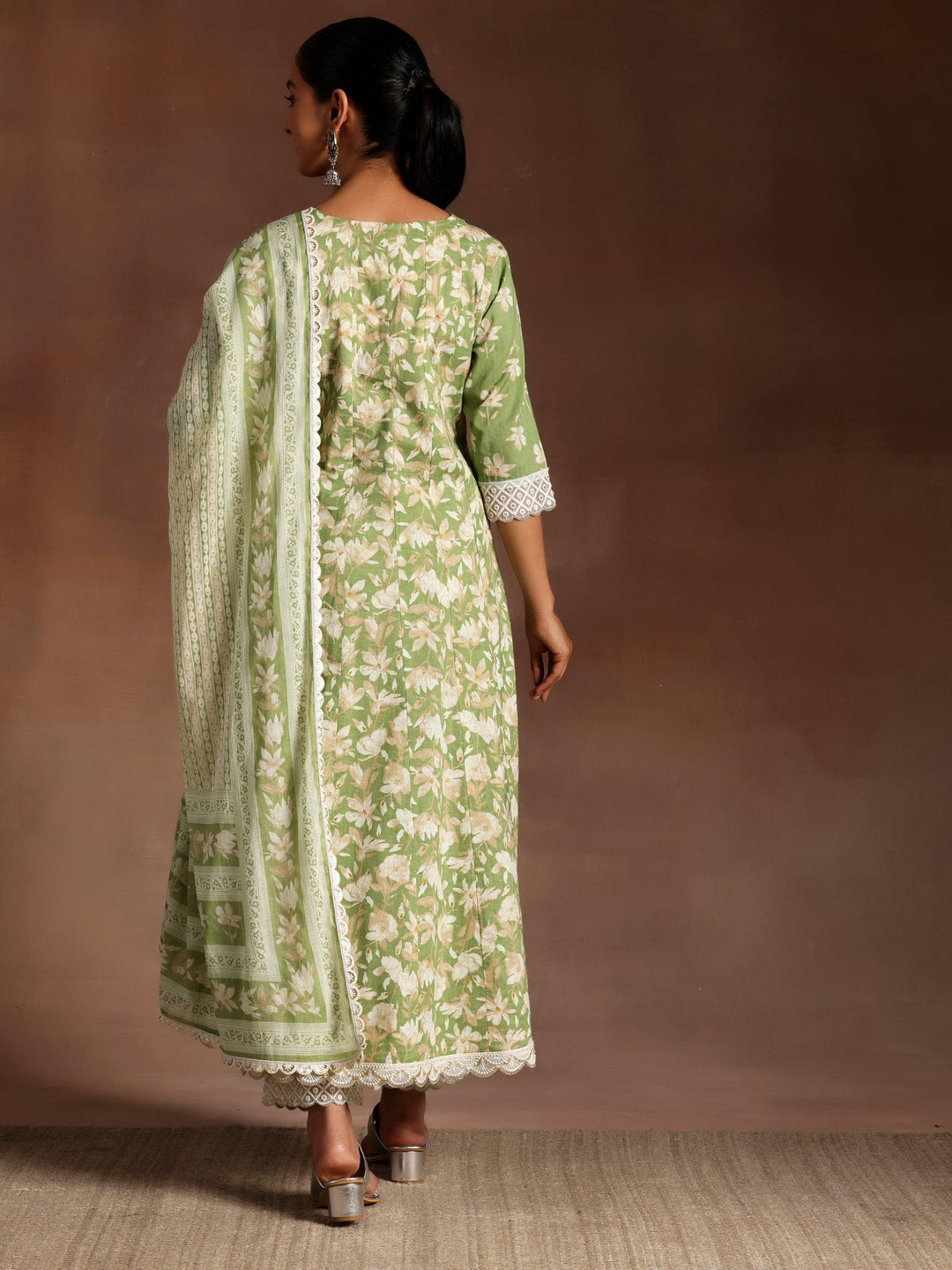 Green Printed Cotton A-Line Kurta With Trousers & Dupatta - Libas 