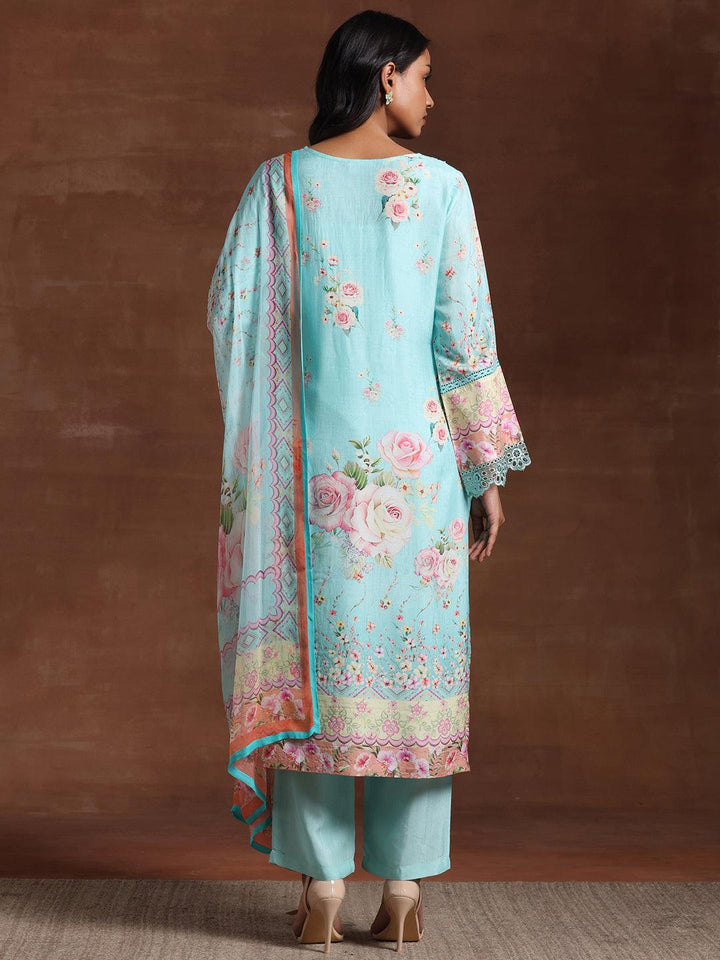 Turquoise Printed Silk Blend Straight Suit With Dupatta - Libas