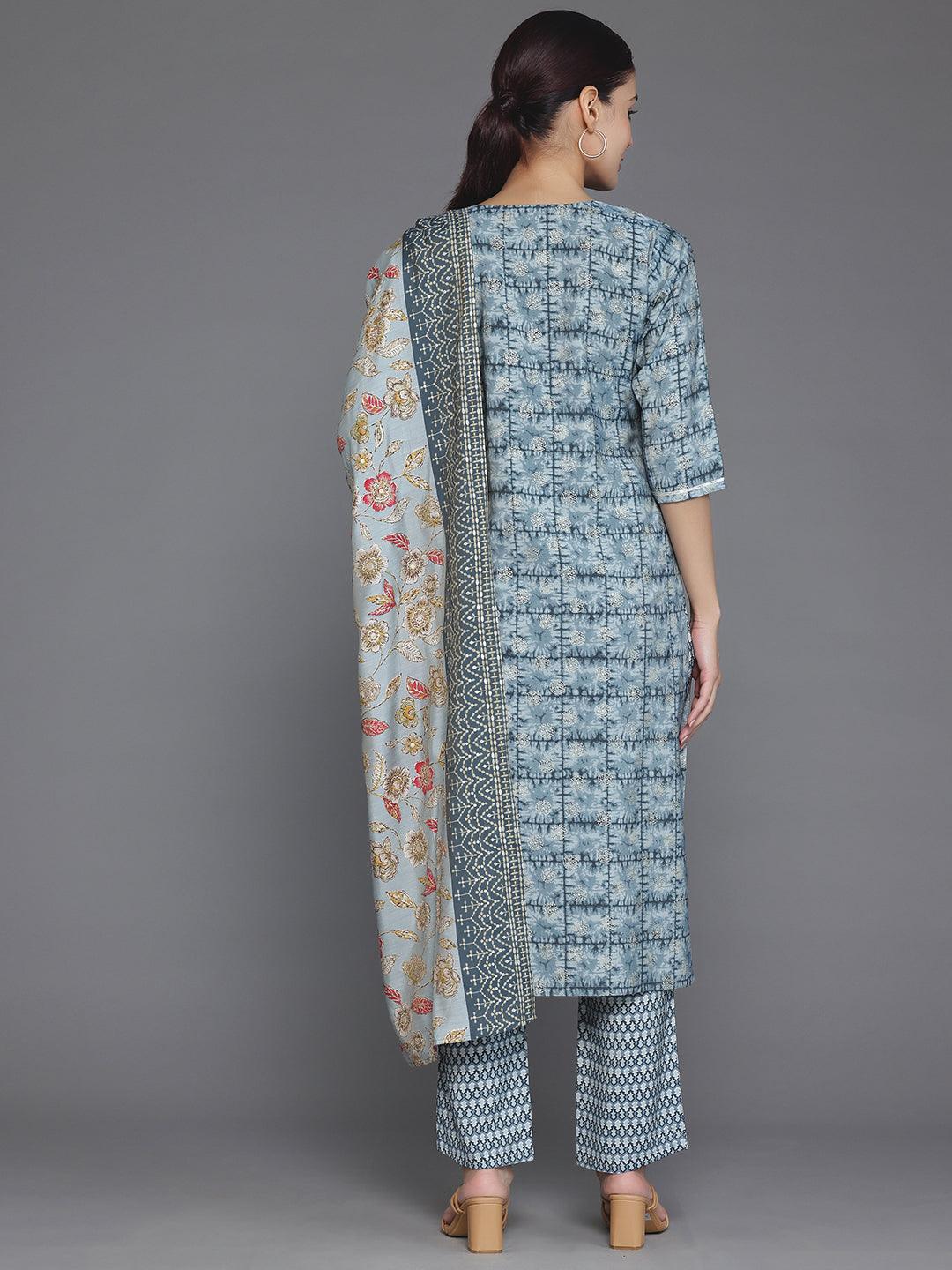 Grey Printed Silk Blend Straight Suit With Dupatta - Libas 