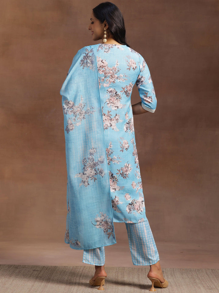 Blue Printed Cotton Straight Suit With Dupatta - Libas