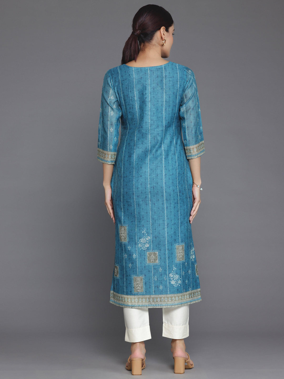 Blue Embellished Chanderi Silk Straight Kurta - Libas 