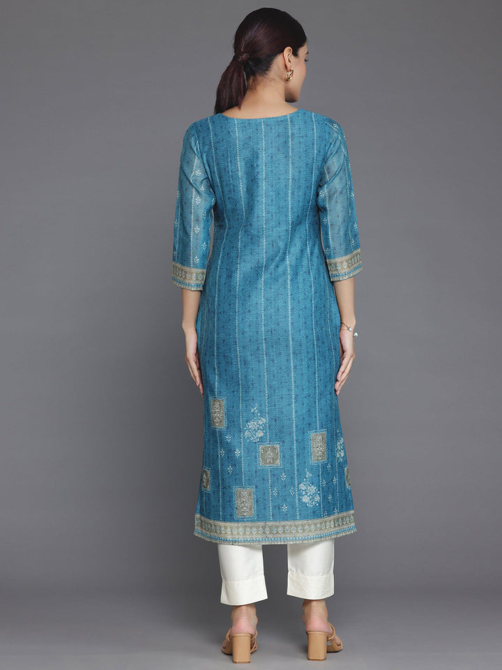 Blue Embellished Chanderi Silk Straight Kurta - Libas