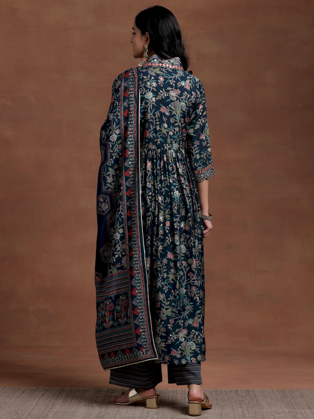 Blue Printed Silk Blend A-Line Kurta With Palazzos & Dupatta - Libas 