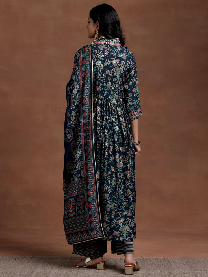 Blue Printed Silk Blend A-Line Kurta With Palazzos & Dupatta - Libas