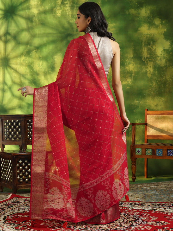 Red Printed Silk Blend Saree With Unstitched Blouse Piece - Libas