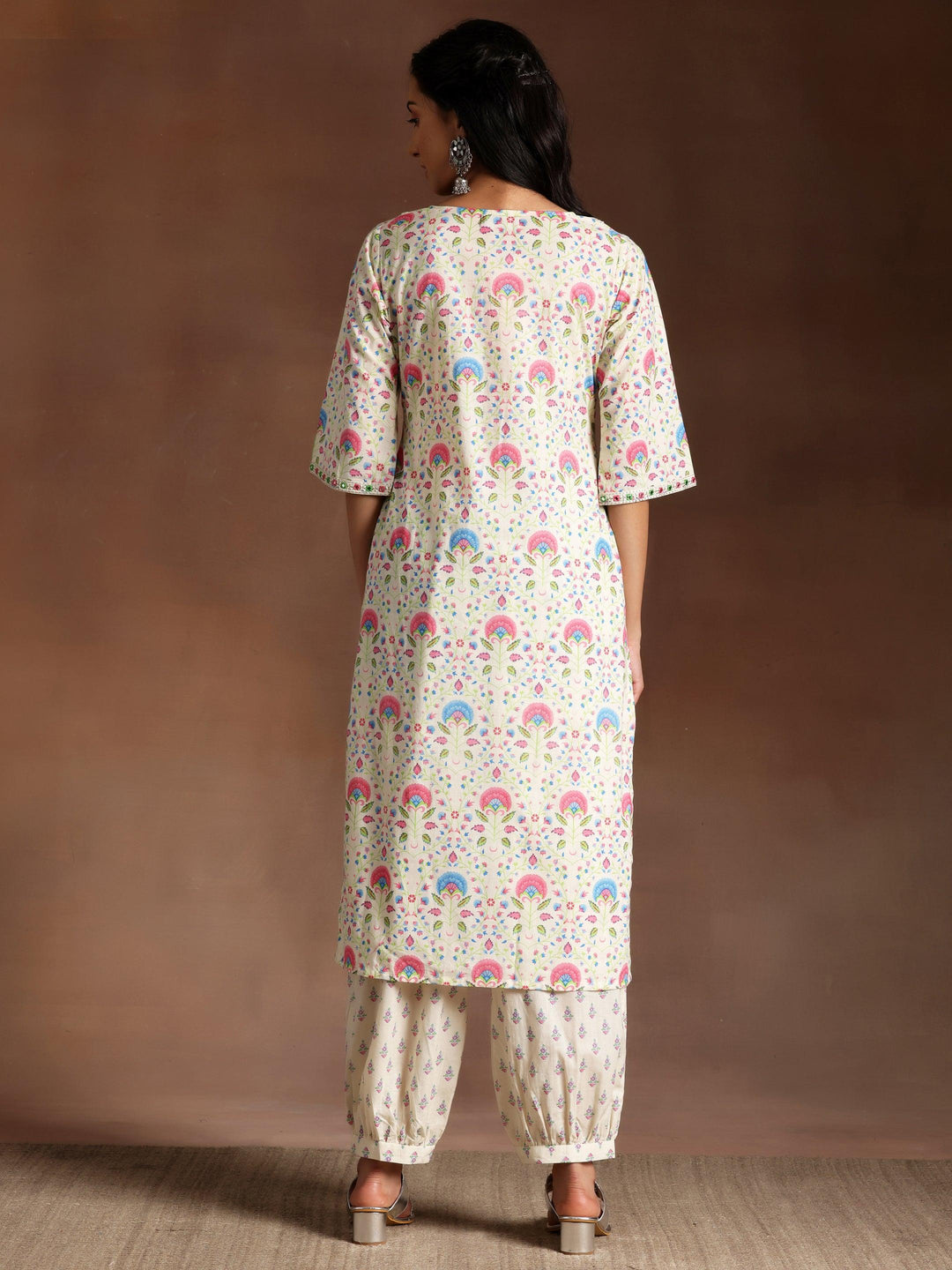 Off White Printed Cotton Straight Kurta Set - Libas 