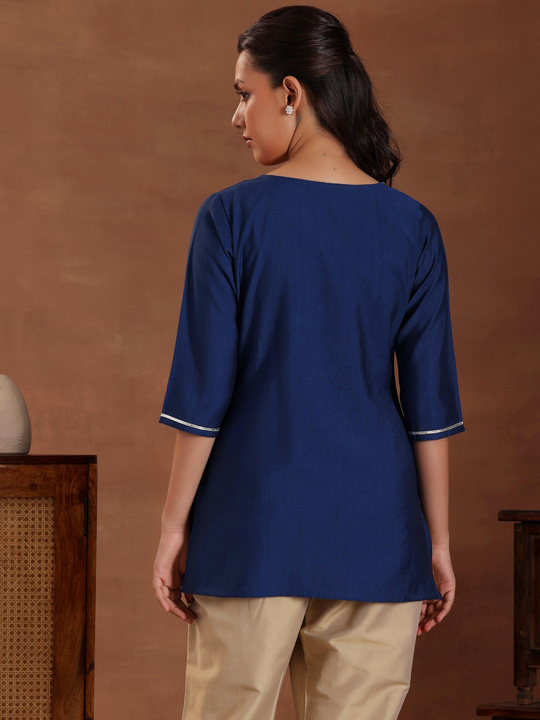 Blue Embroidered Silk Blend Straight Kurti - Libas