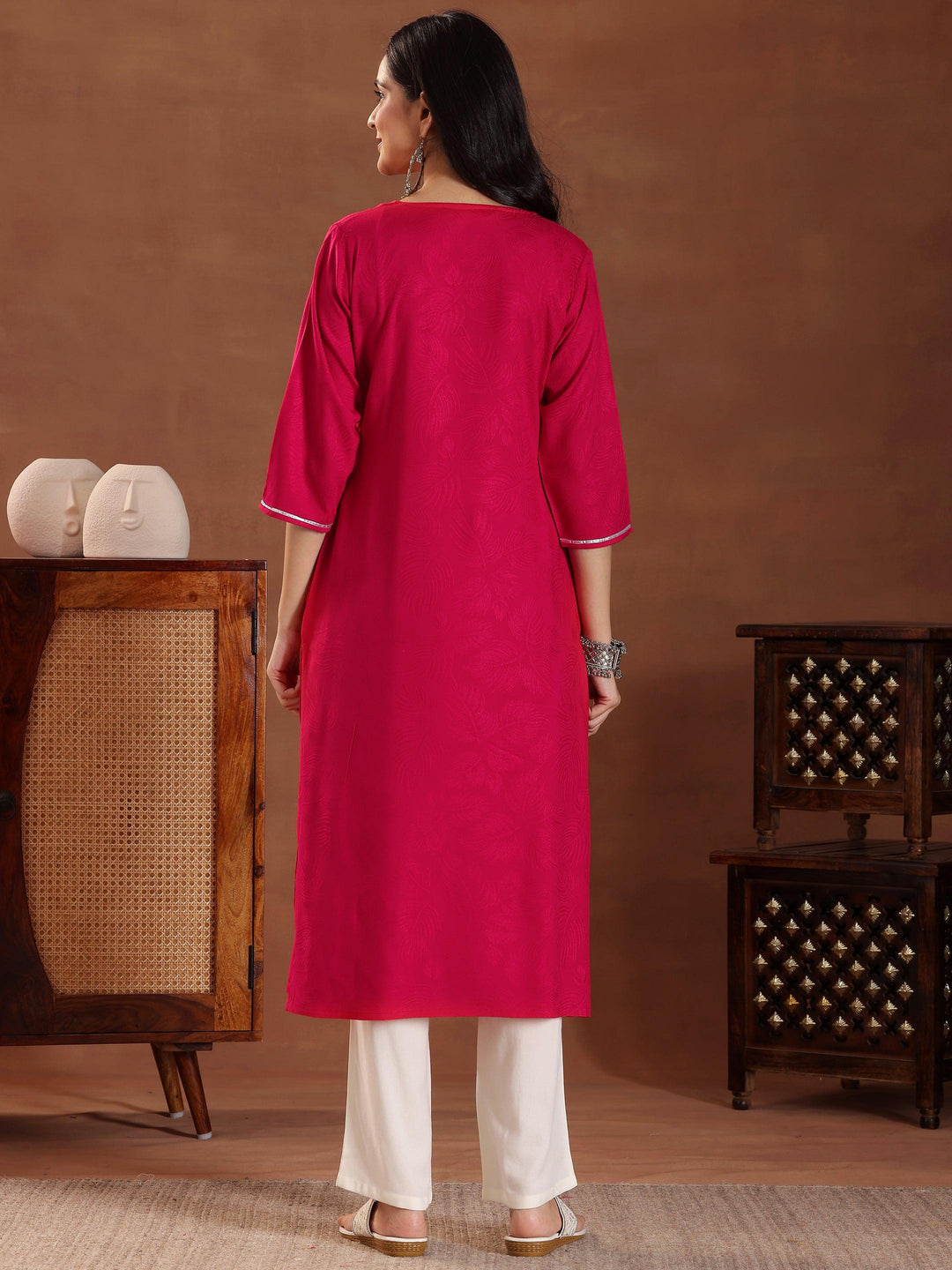 Pink Printed Rayon Straight Kurta - Libas