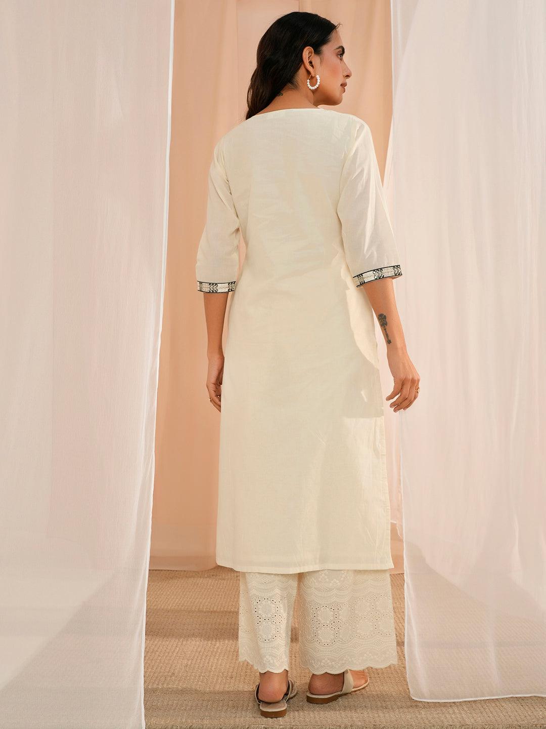 Off White Yoke Design Cotton Straight Kurta - Libas