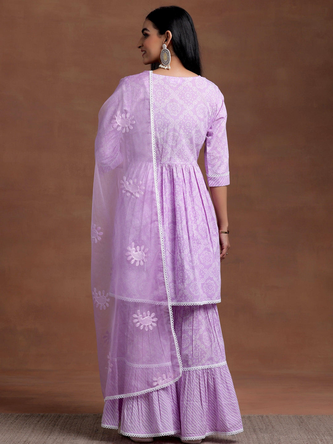 Purple Printed Cotton A-Line Kurta With Sharara & Dupatta - Libas 