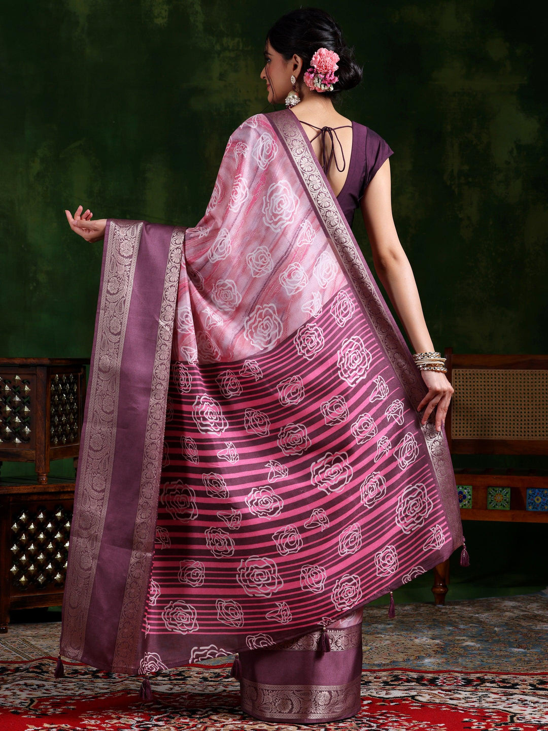 Mauve Printed Silk Blend Saree With Unstitched Blouse Piece - Libas