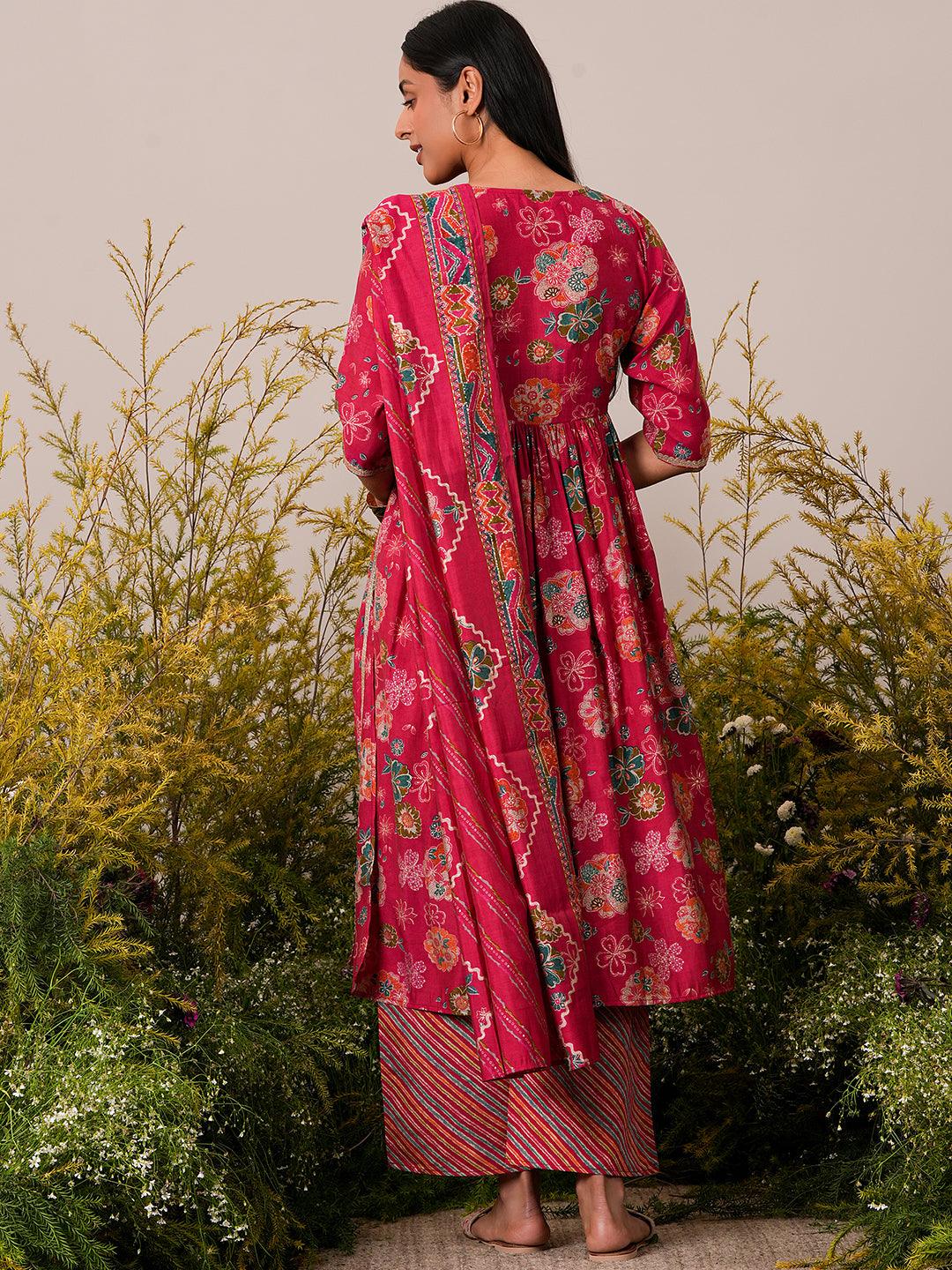 Pink Printed Silk Blend A-Line Kurta With Palazzos & Dupatta - Libas 