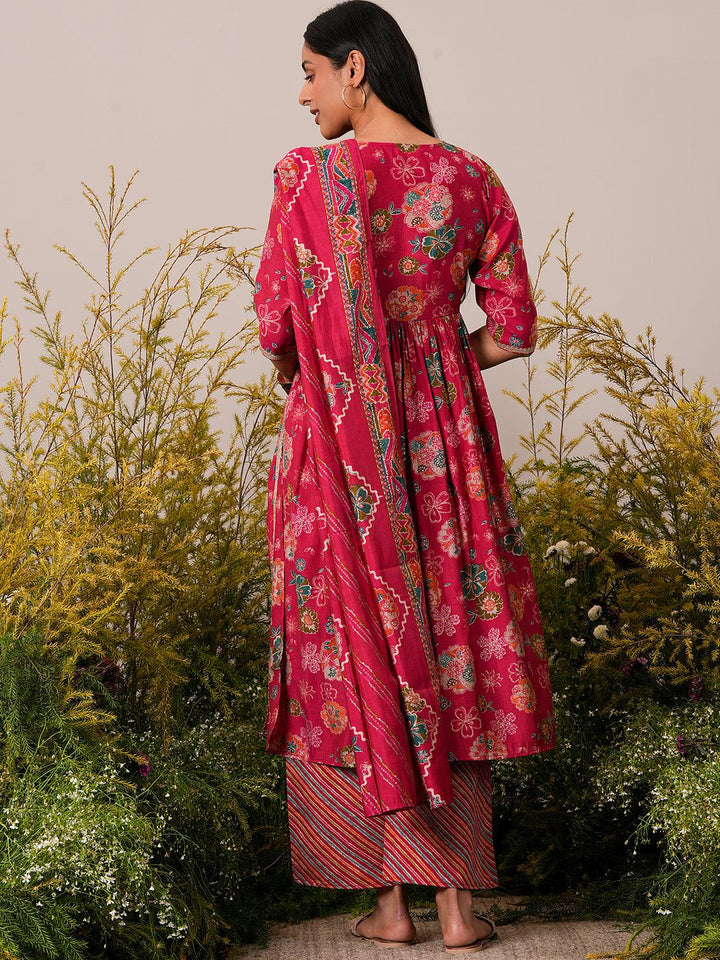 Pink Printed Silk Blend A-Line Kurta With Palazzos & Dupatta - Libas