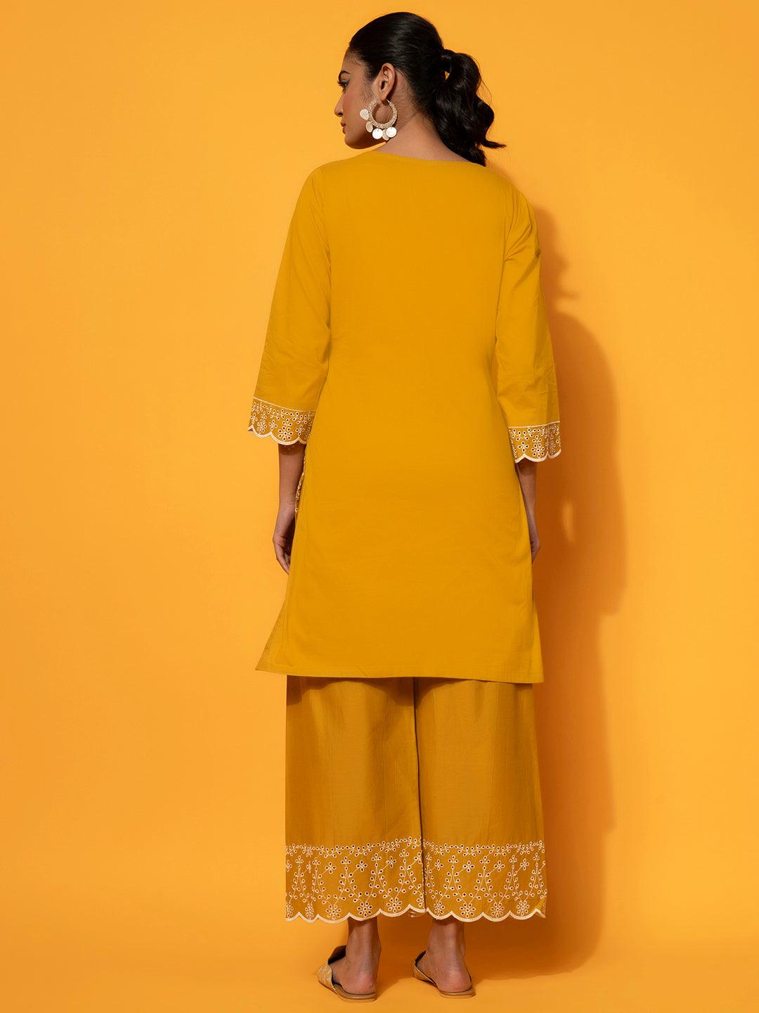 Mustard Embroidered Cotton Co-Ords - Libas 