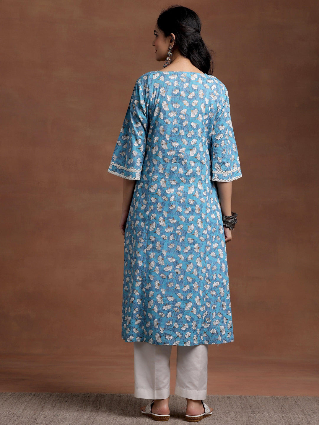 Blue Printed Cotton A-Line Kurta - Libas 