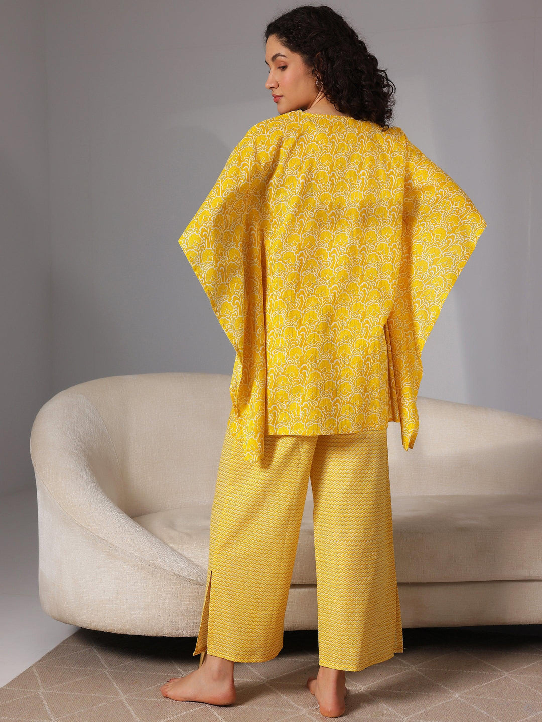 Yellow Printed Cotton Night Suits - Libas 