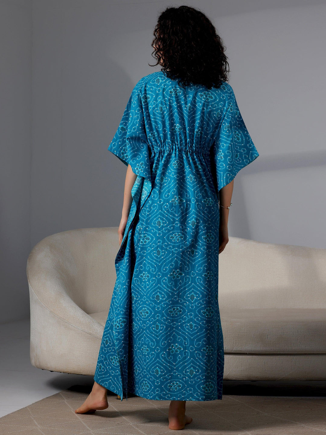 Blue Printed Cotton Kaftan Night Dress - Libas