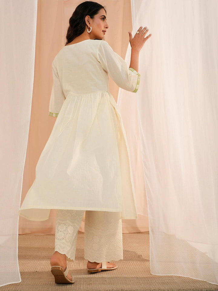 Off White Yoke Design Cotton A-Line Kurta - Libas