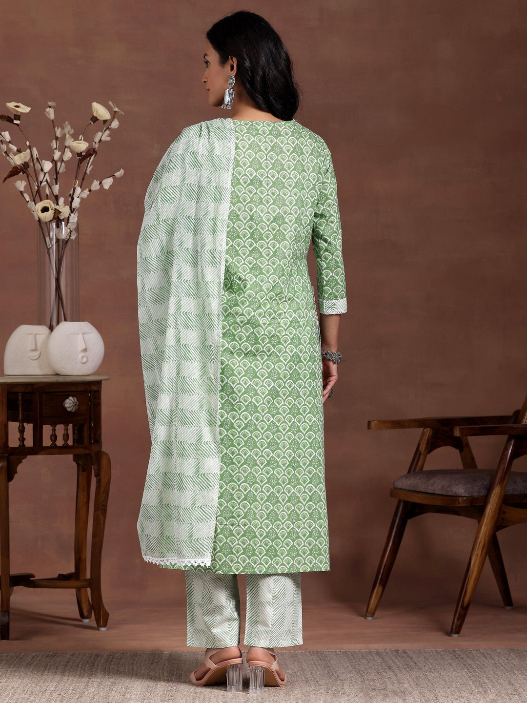 Green Printed Cotton Straight Suit With Dupatta - Libas 