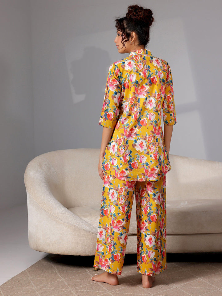 Mustard Printed Cotton Night Suits - Libas