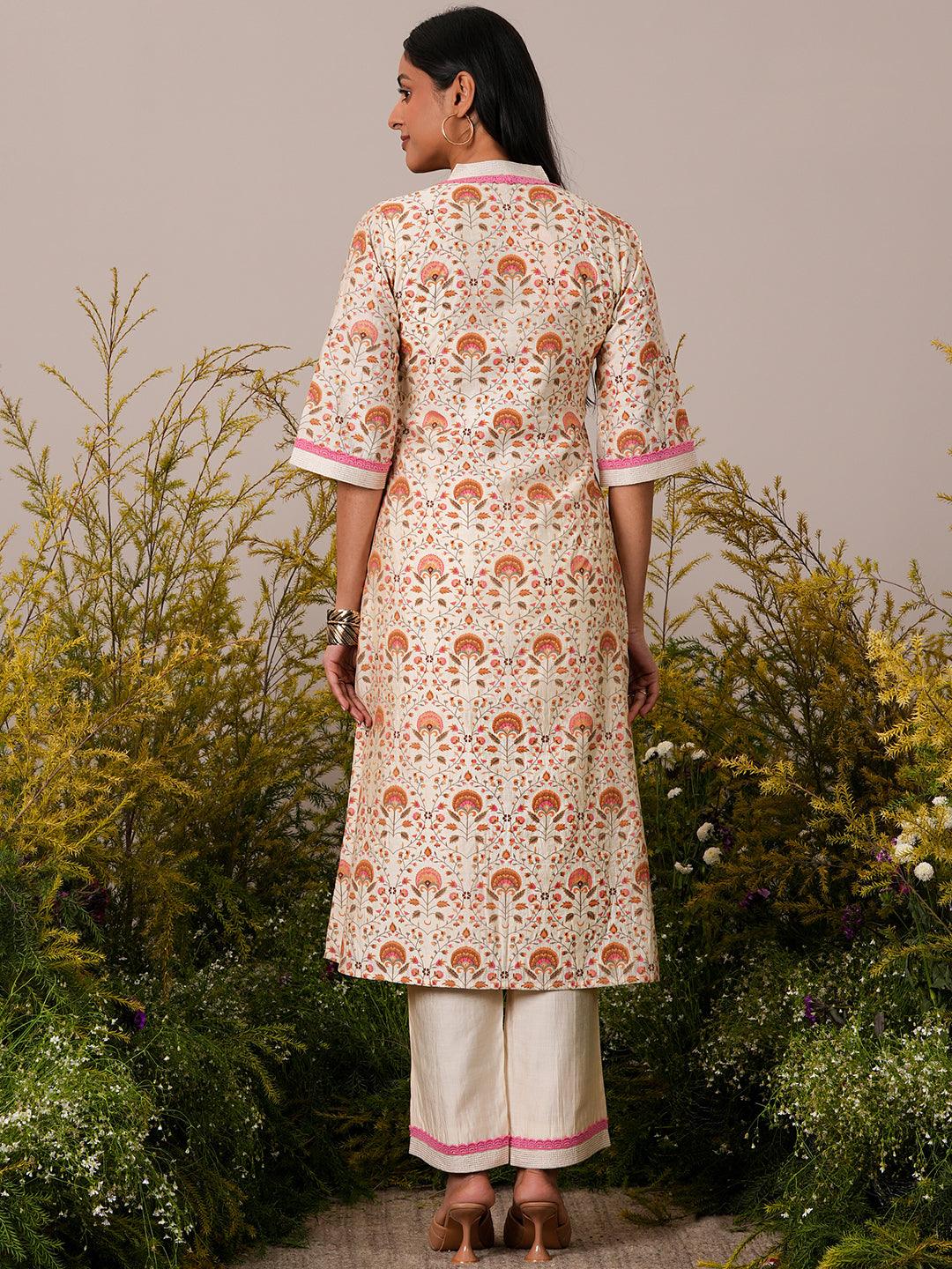 Beige Printed Chanderi Silk A-Line Kurta With Palazzos - Libas 