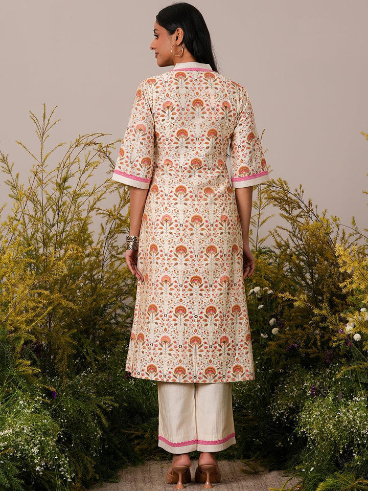 Beige Printed Chanderi Silk A-Line Kurta With Palazzos - Libas