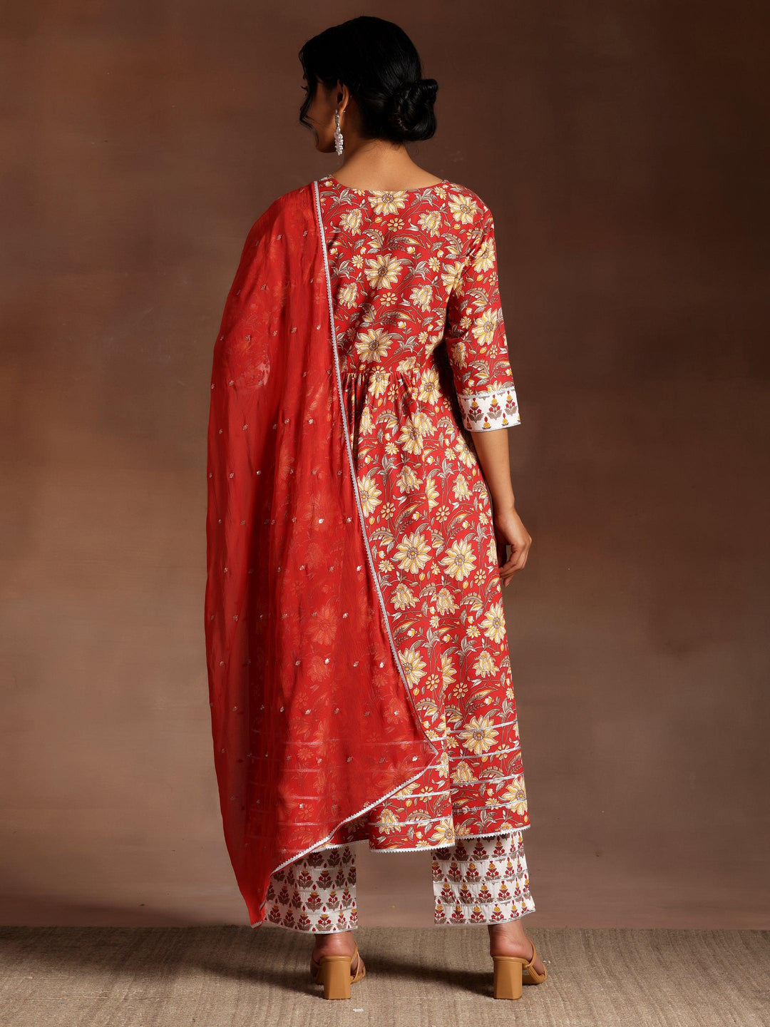 Red Printed Cotton Anarkali Suit With Dupatta - Libas 