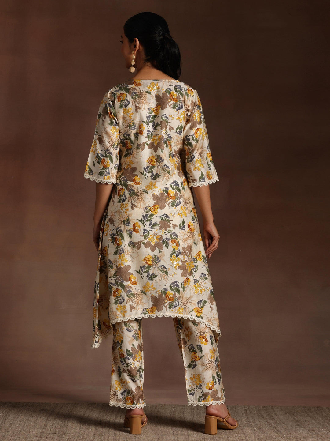 Beige Printed Chanderi Silk A-Line Kurta With Trousers - Libas 