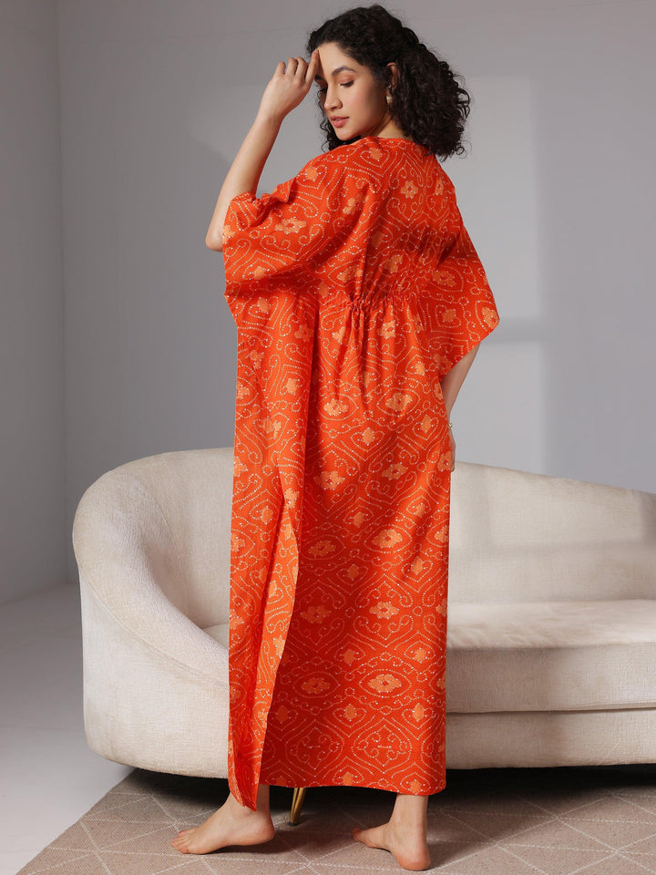 Orange Printed Cotton Kaftan Night Dress - Libas