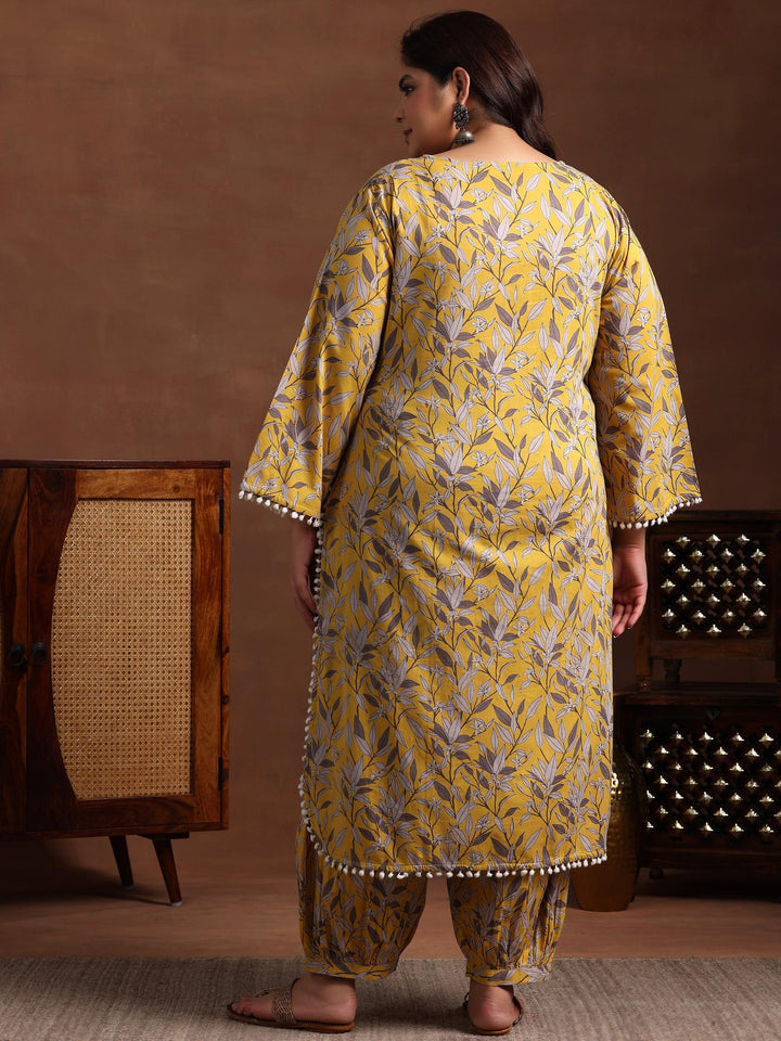 Plus Size Mustard Printed Cotton Pathani Kurta With Salwar - Libas