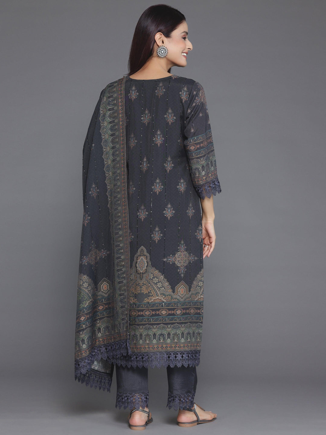 Grey Printed Silk Blend Straight Suit With Dupatta - Libas 