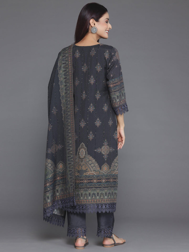 Grey Printed Silk Blend Straight Suit With Dupatta - Libas