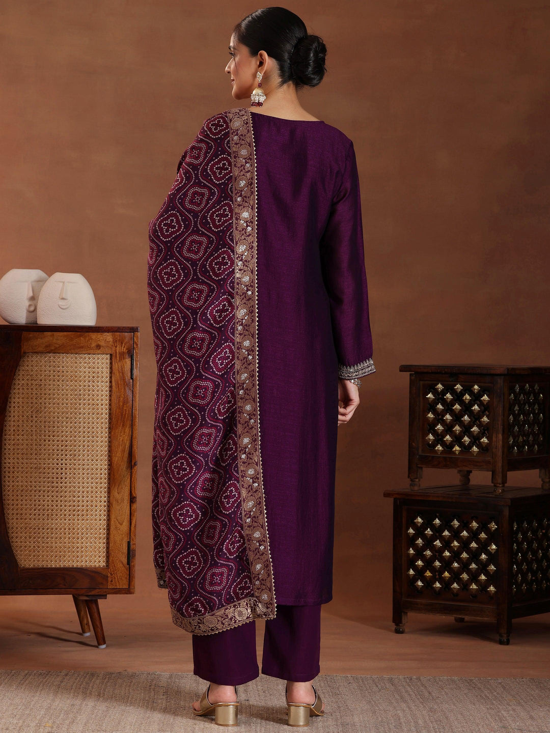 Wine Embroidered Silk Blend Straight Suit With Dupatta - Libas 