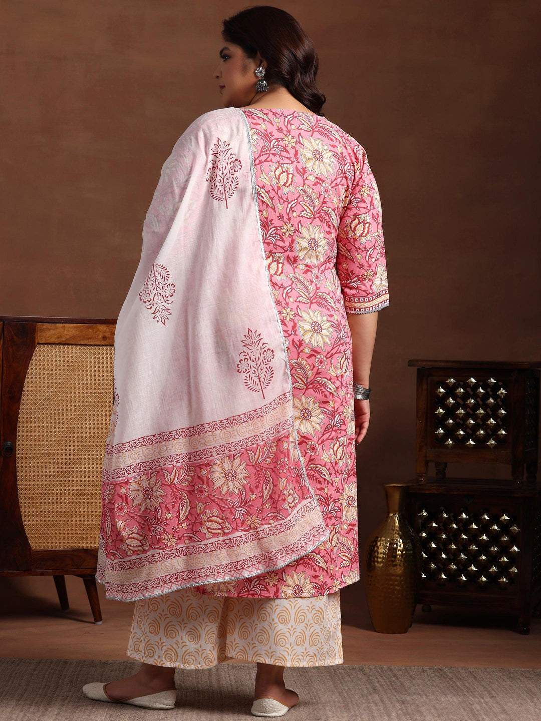 Plus Size Pink Printed Cotton Straight Suit With Dupatta - Libas 