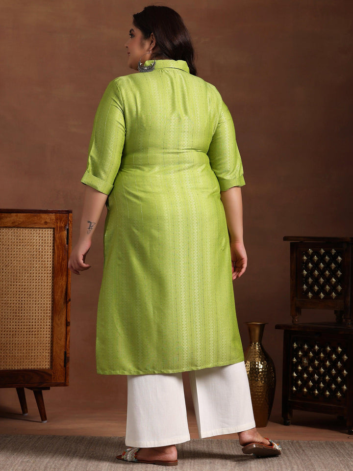 Plus Size Green Woven Design Cotton Straight Kurta - Libas