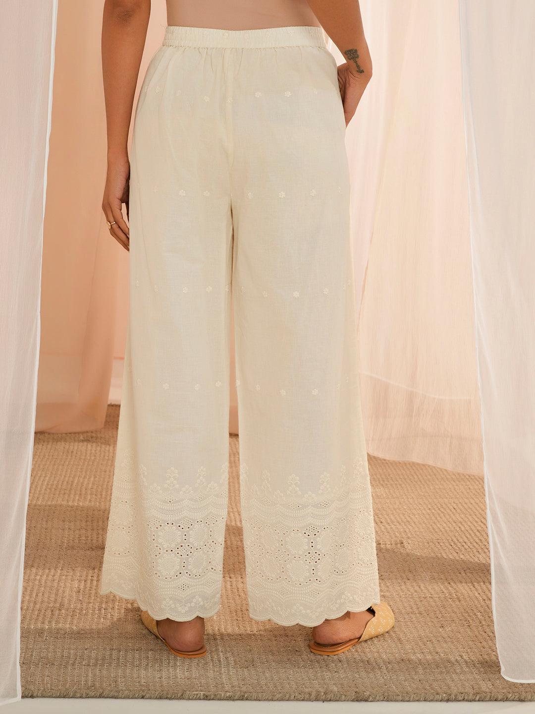 Off White Embroidered Cotton Wide Leg Palazzos - Libas 