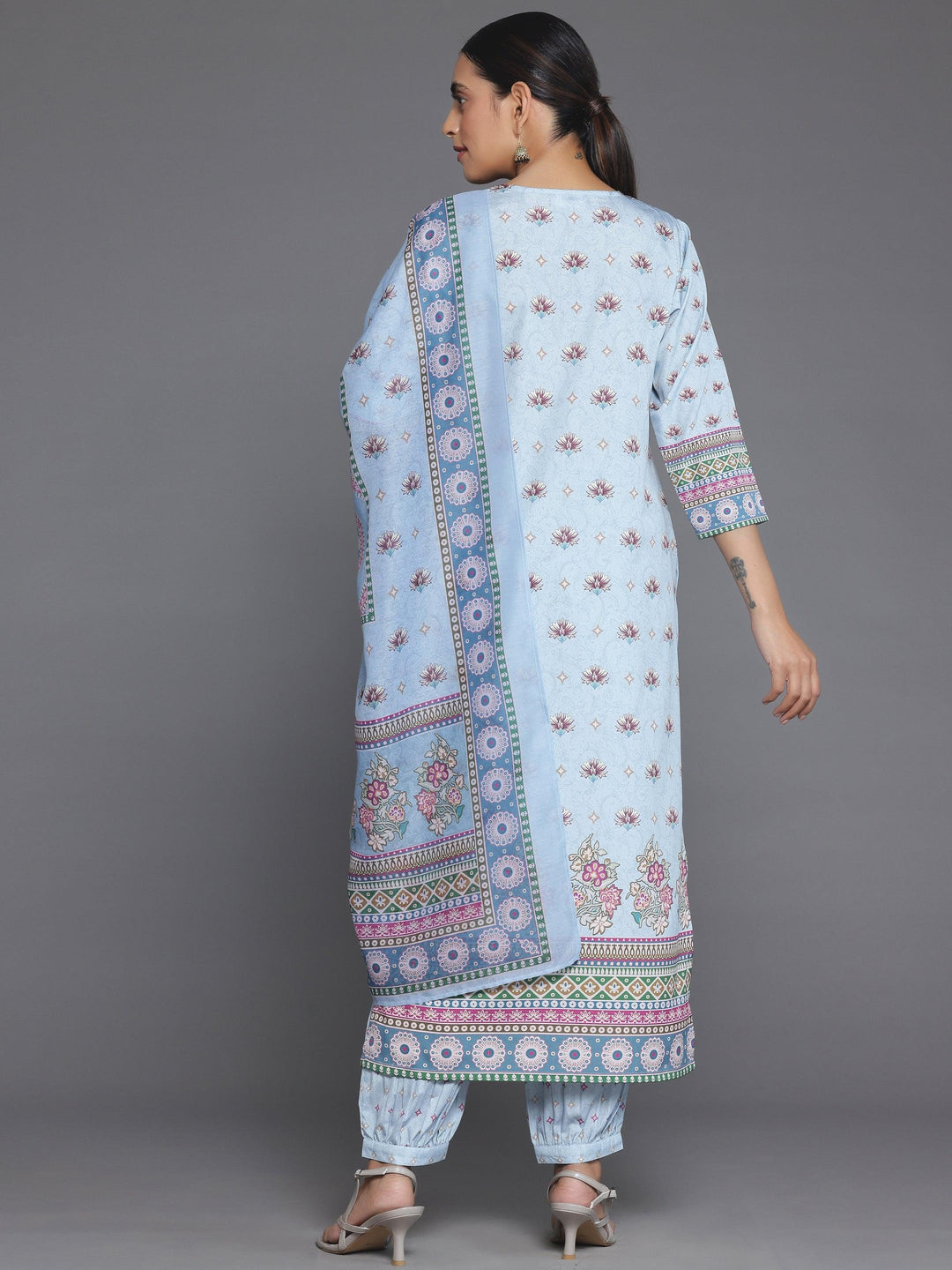 Blue Printed Poly Crepe Straight Suit With Dupatta - Libas 