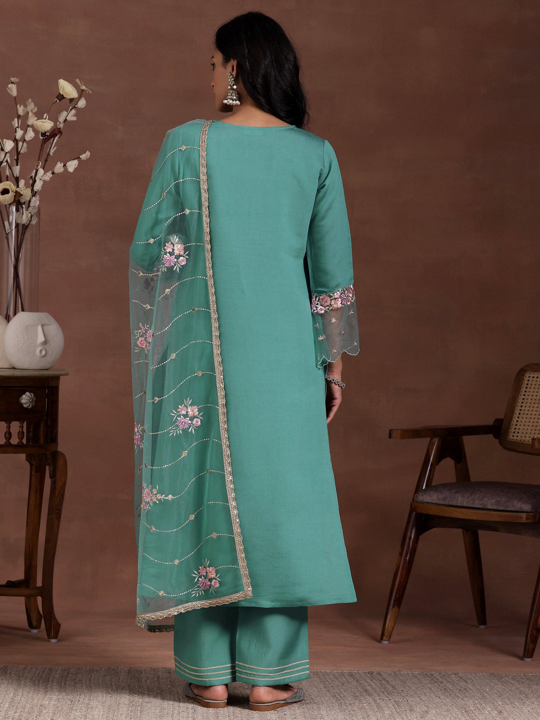 Green Yoke Design Silk Blend Straight Suit With Dupatta - Libas 